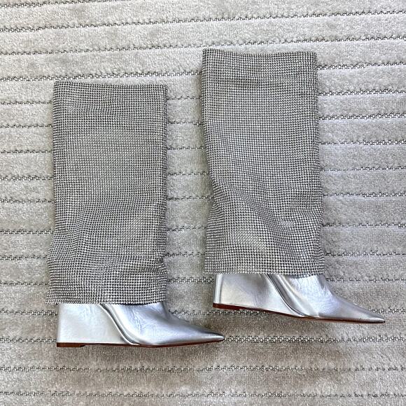 NEW Steve Madden Riski Rhinestone Foldover Tall Wedge Boots in Silver Size 5.5 - Picture 2 of 10